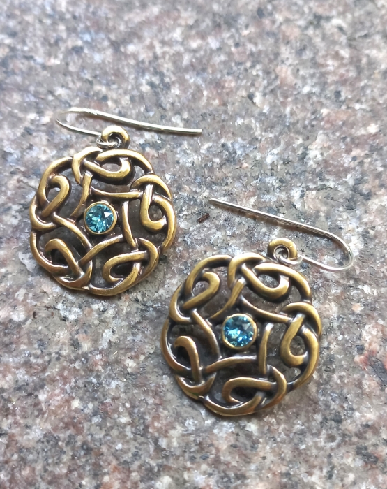 Bronze earrings &quot;Eye&quot; with blue crystal 