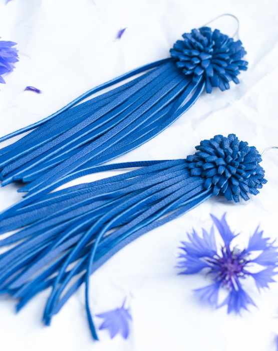 Leather earrings &quot;Cornflower&quot; with tassels Nr.2