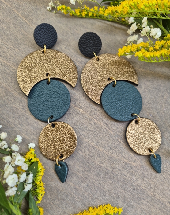 Leather earrings &quot;Night touch&quot; black, golden, green