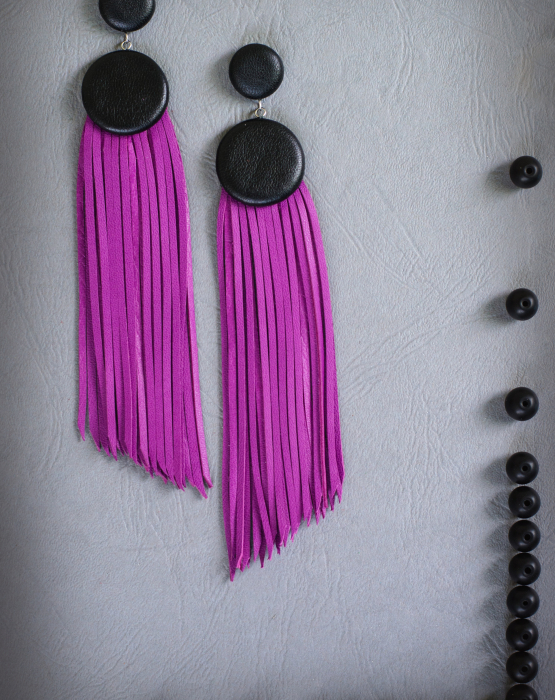 Leather earrings &quot;Two buttons with scars&quot;  purple